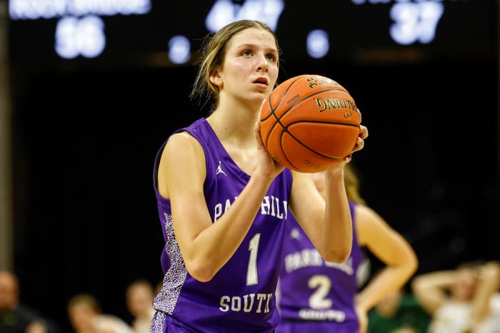Park Hill South (Missouri) star Addison Bjorn attempts a free throw in a Dec. 9 loss to Rock Bridge.